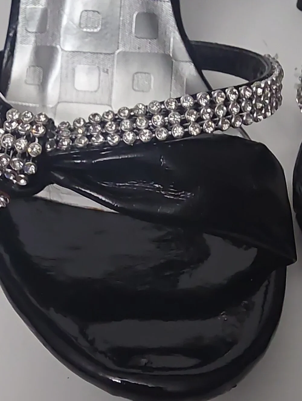 Delicacy Women's Black Patent Leather Rhinestone Strappy Ankle Strap Heels 6
